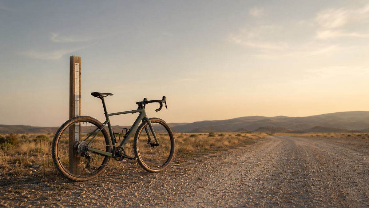 Gravel bike beside a measuring post on an open gravel road