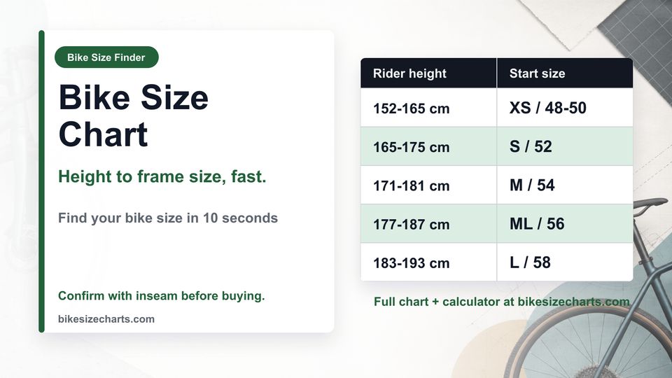 Bike frame size chart by rider height, inseam, and frame label