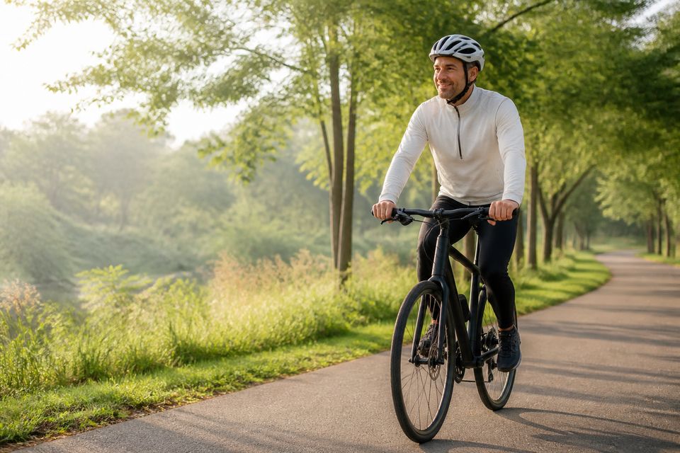 Cyclist riding along a tree-lined path in soft morning light