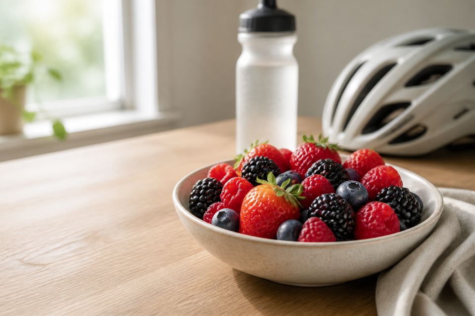Fresh berries arranged with an unbranded cycling bottle and helmet