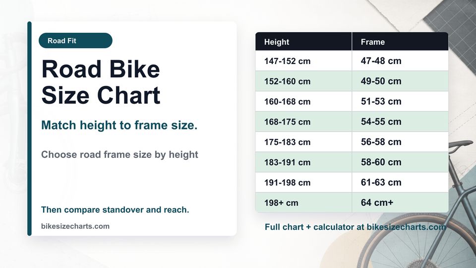 Road bike size chart by rider height and inseam in centimeters