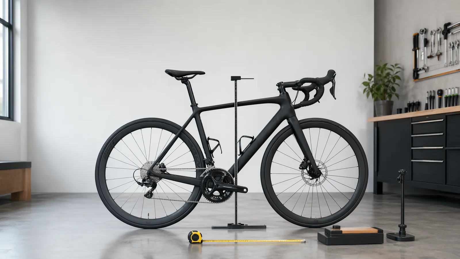 Road bike on a fitting stand with a tape measure and workshop tools in a fitting studio