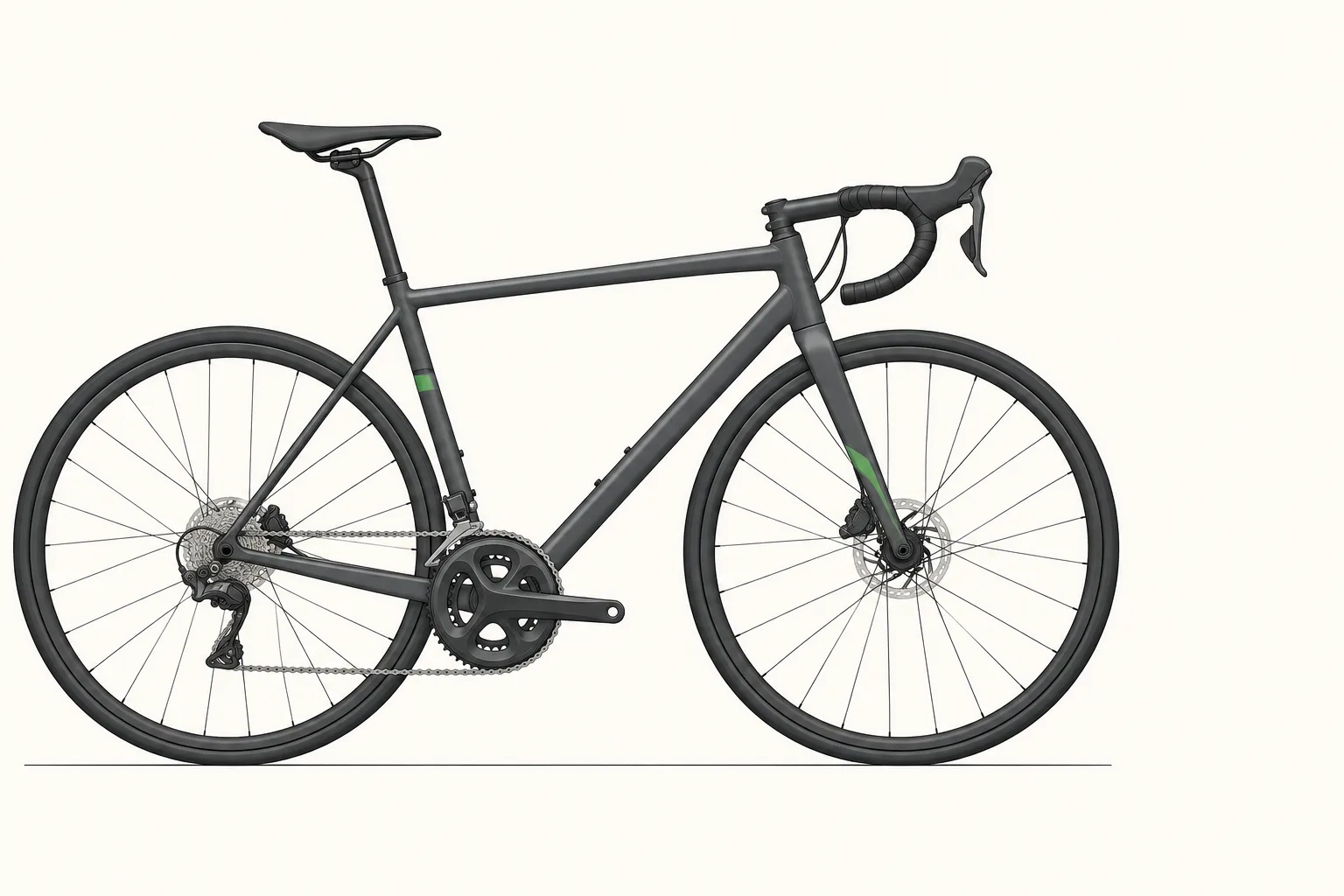 Road bike photographed from the side against a plain background